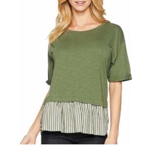 Santuary Top Tee Khaki Green Short Sleeve Ruffle Striped Corset Summer Comfy